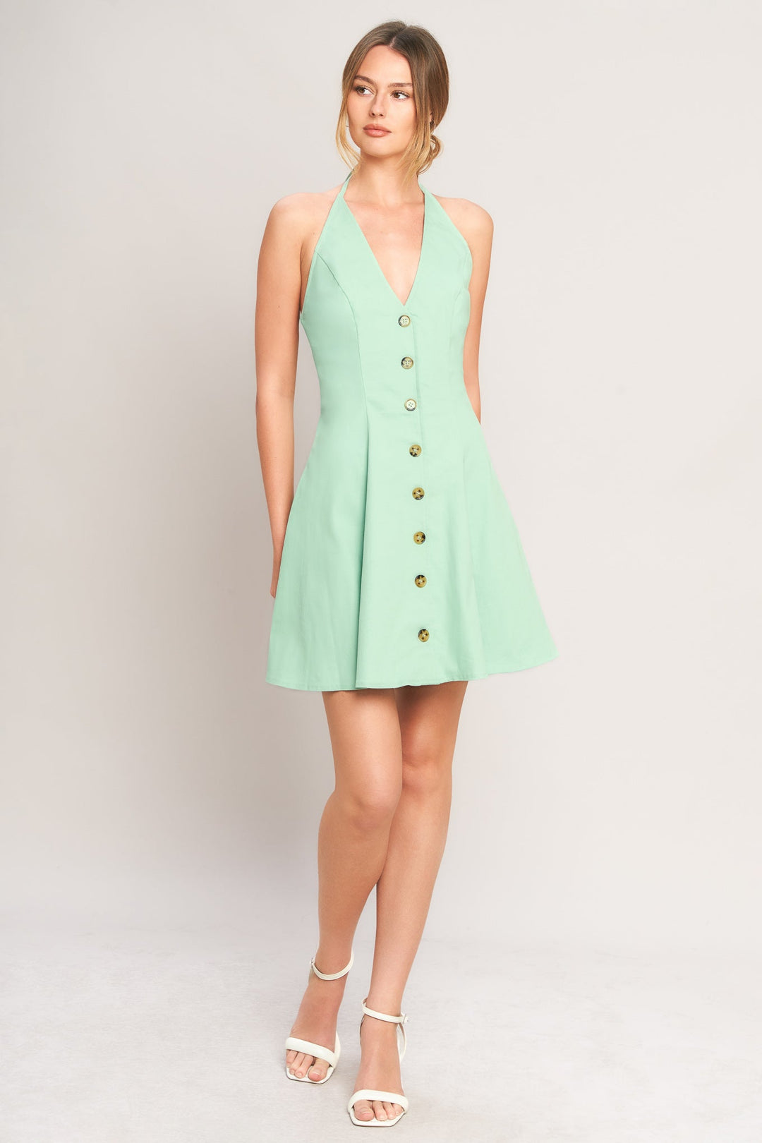 Pippa | Gold Button Front A-Line Halter Neck Dress