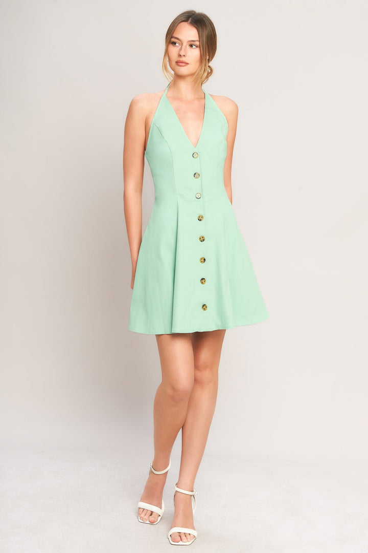 Pippa | Gold Button Front A-Line Halter Neck Dress