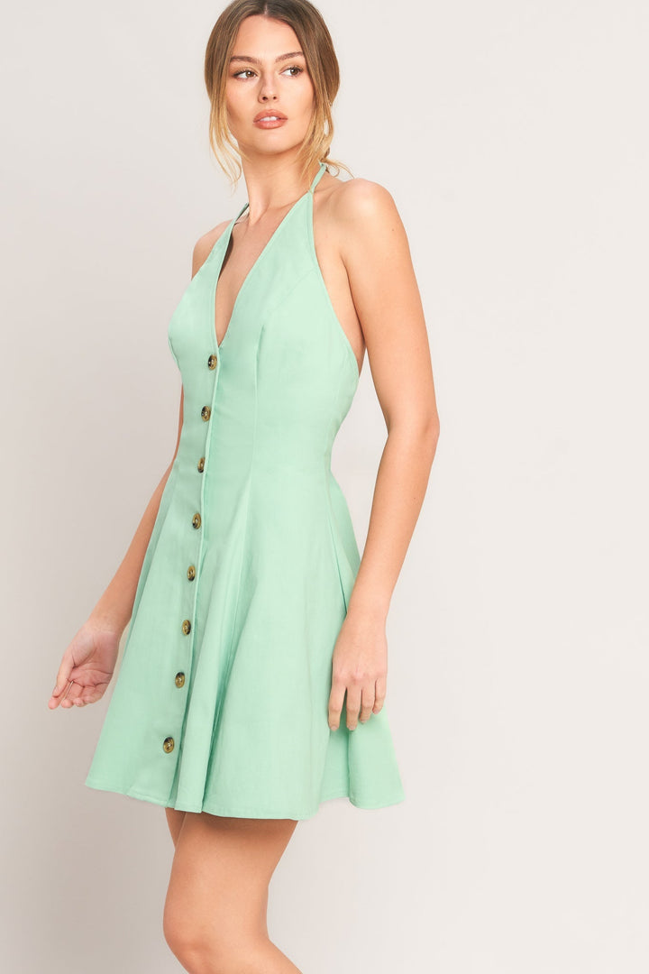 Pippa | Gold Button Front A-Line Halter Neck Dress