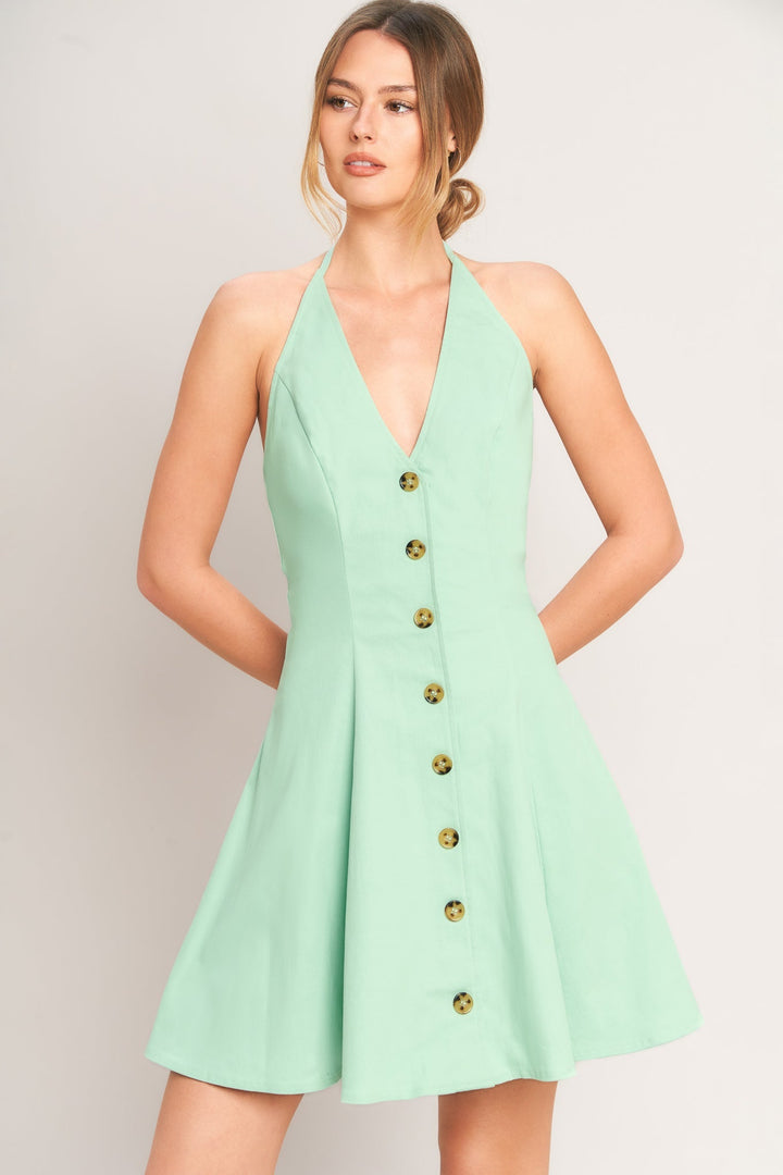 Pippa | Gold Button Front A-Line Halter Neck Dress