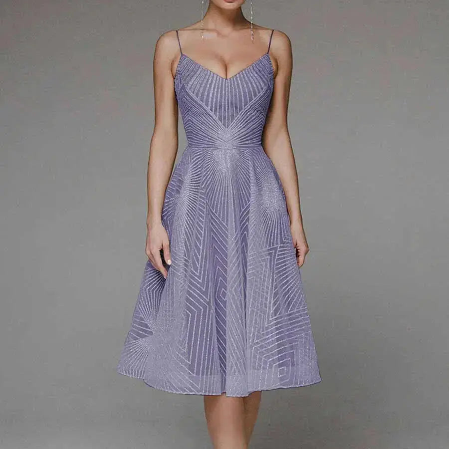 Arabella | Sequin Geometric Spaghetti Strap Womens Pleated Midi Dress
