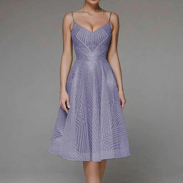 Arabella | Sequin Geometric Spaghetti Strap Womens Pleated Midi Dress