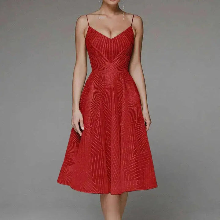 Arabella | Sequin Geometric Spaghetti Strap Womens Pleated Midi Dress
