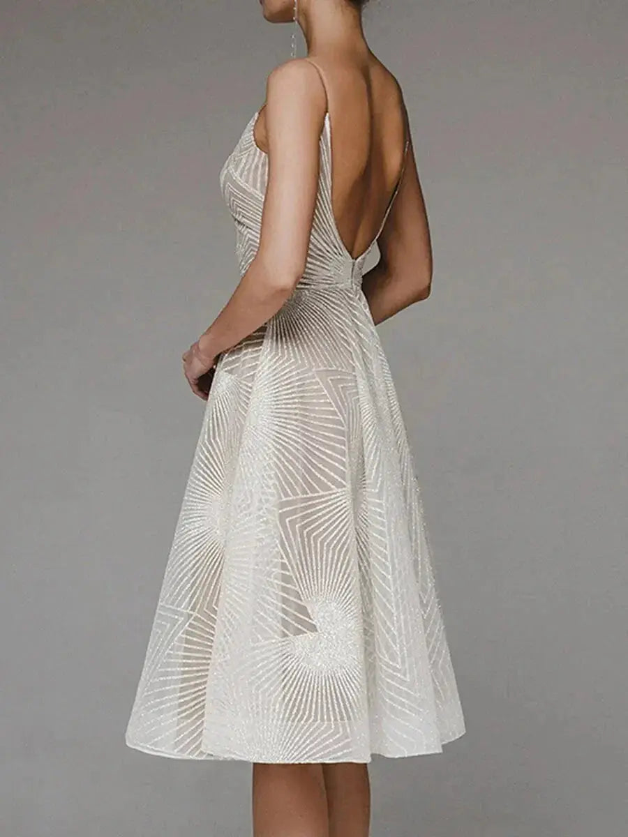 Arabella | Sequin Geometric Spaghetti Strap Womens Pleated Midi Dress