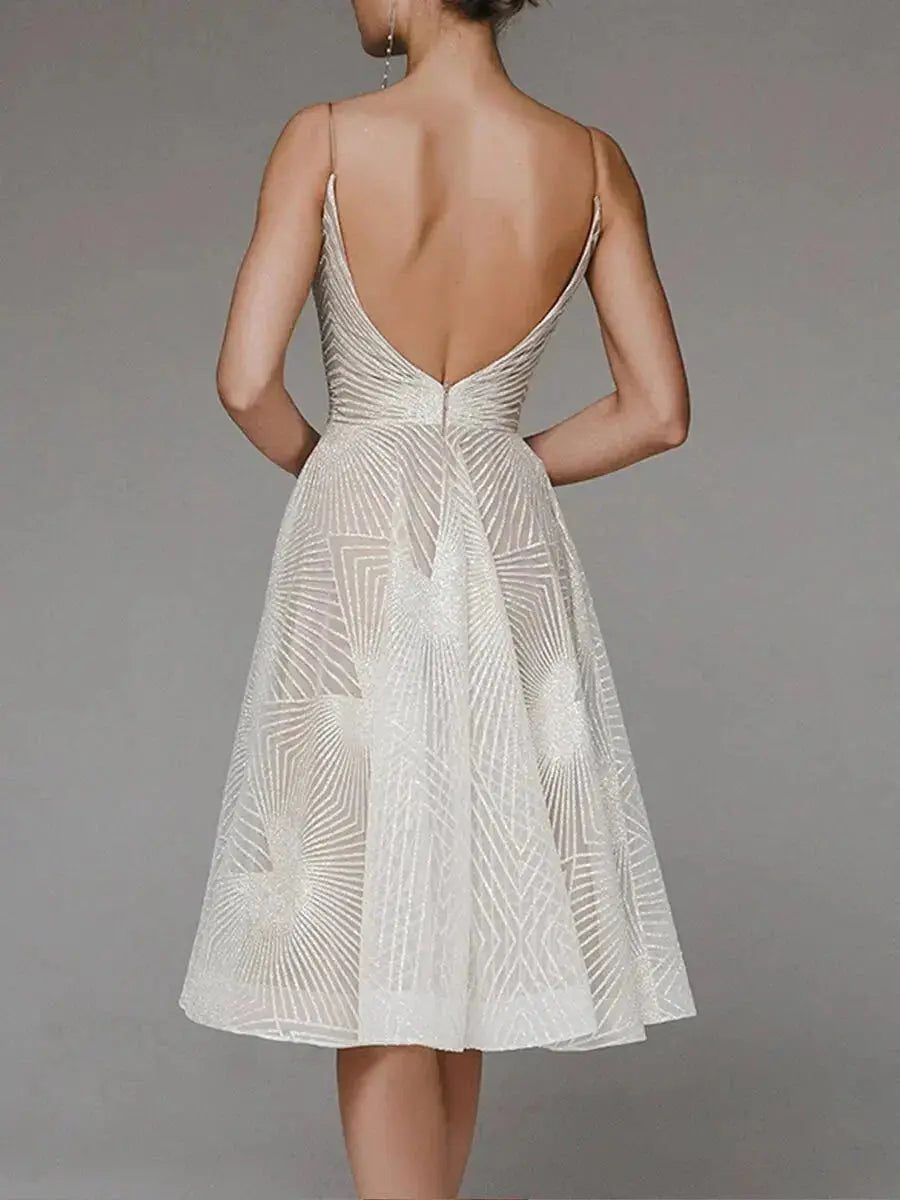 Arabella | Sequin Geometric Spaghetti Strap Womens Pleated Midi Dress