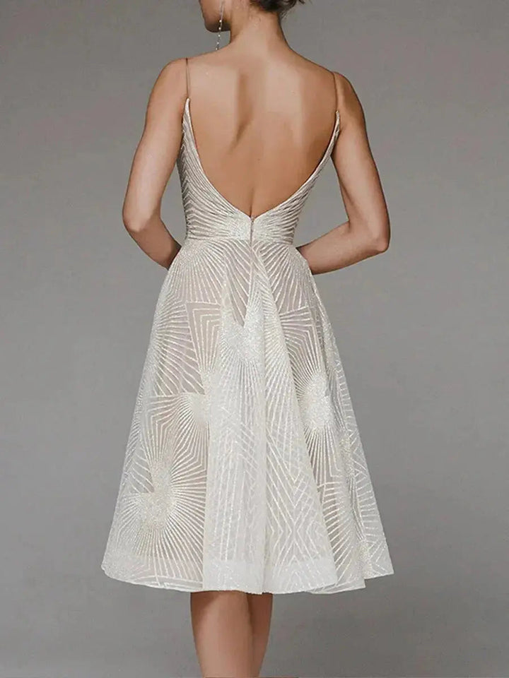 Arabella | Sequin Geometric Spaghetti Strap Womens Pleated Midi Dress