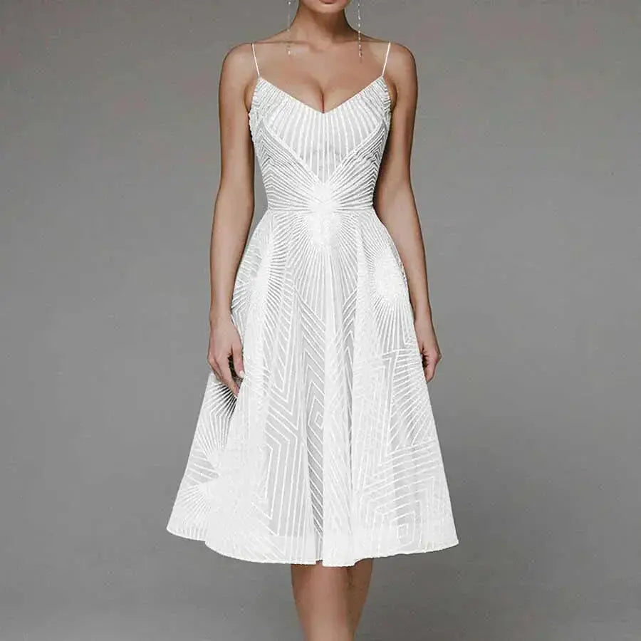 Arabella | Sequin Geometric Spaghetti Strap Womens Pleated Midi Dress
