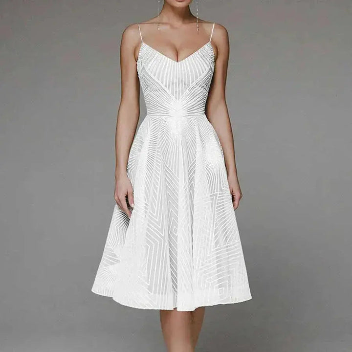Arabella | Sequin Geometric Spaghetti Strap Womens Pleated Midi Dress