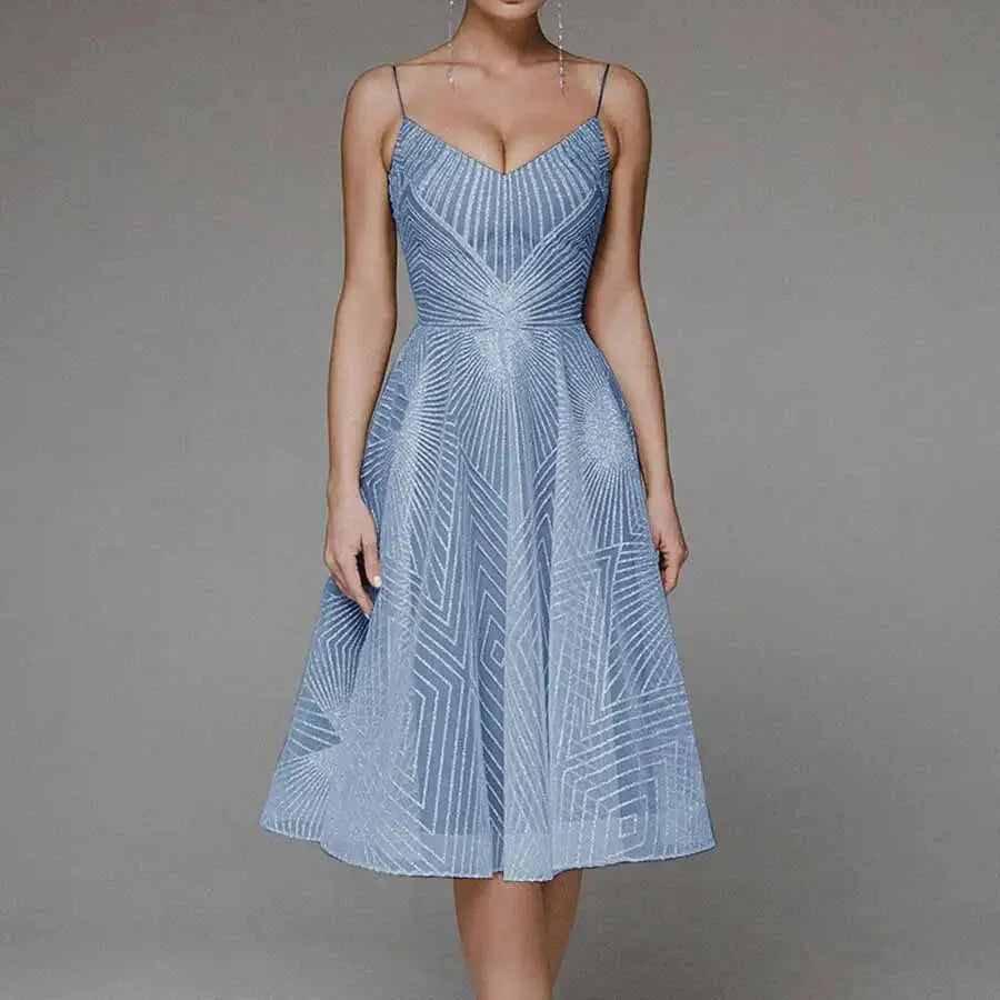 Arabella | Sequin Geometric Spaghetti Strap Womens Pleated Midi Dress