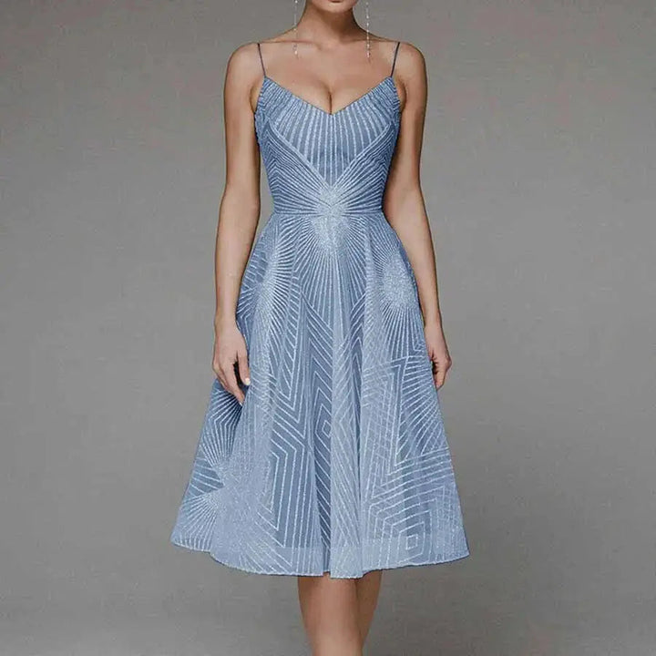 Arabella | Sequin Geometric Spaghetti Strap Womens Pleated Midi Dress