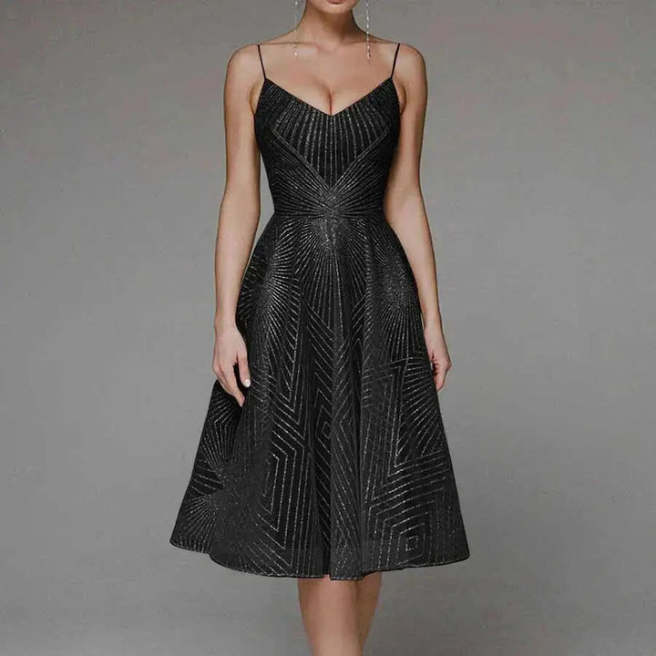 Arabella | Sequin Geometric Spaghetti Strap Womens Pleated Midi Dress