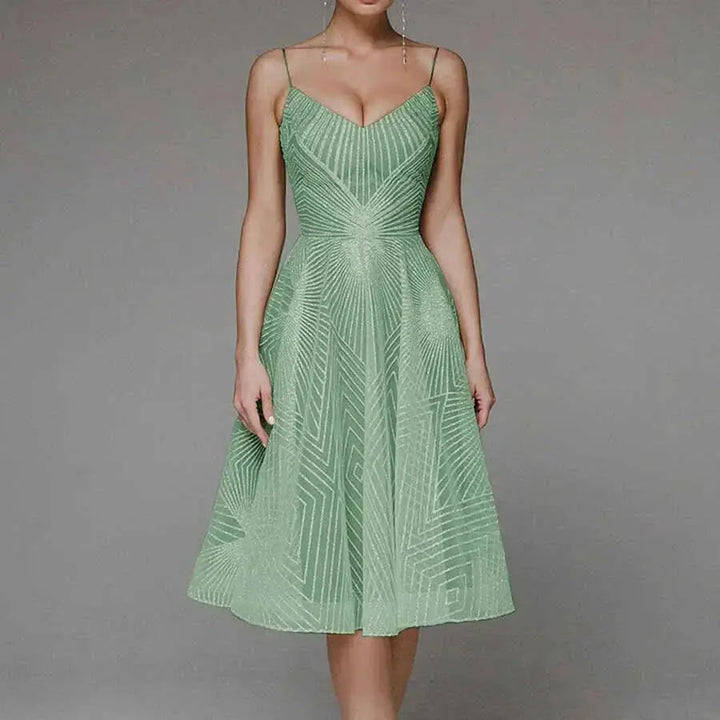 Arabella | Sequin Geometric Spaghetti Strap Womens Pleated Midi Dress