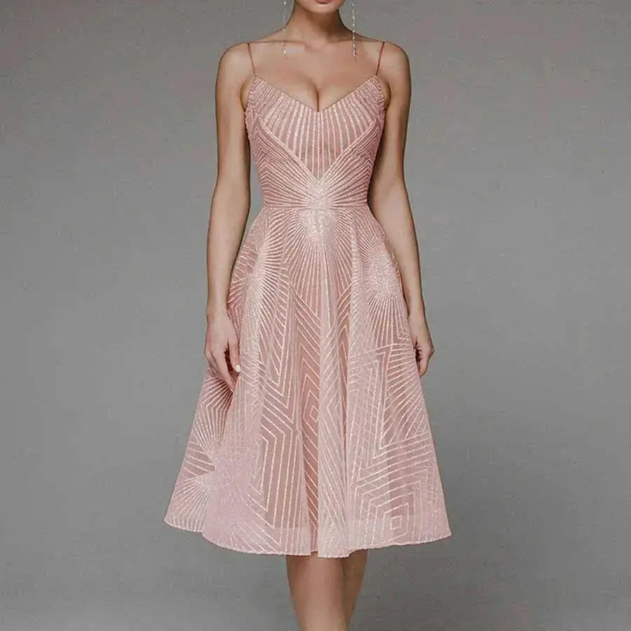 Arabella | Sequin Geometric Spaghetti Strap Womens Pleated Midi Dress