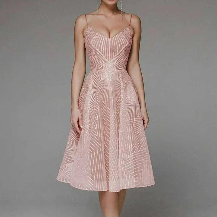 Arabella | Sequin Geometric Spaghetti Strap Womens Pleated Midi Dress