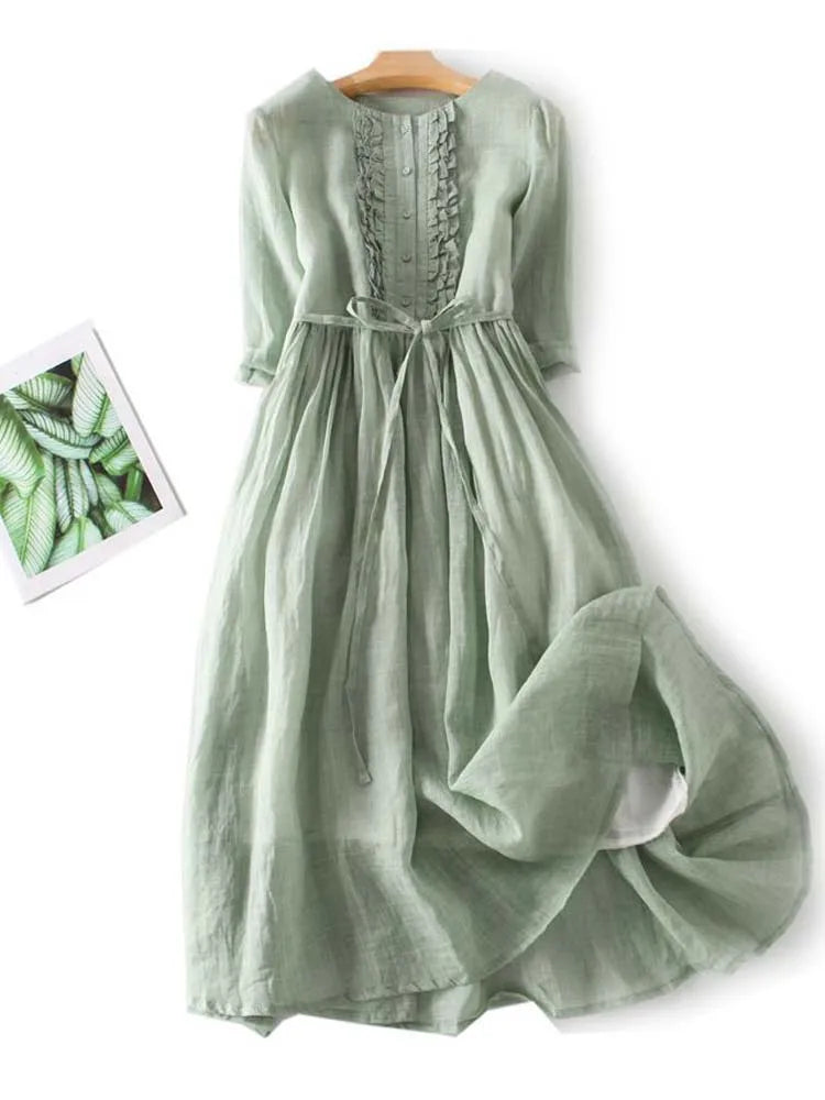 Celinda | Ruffle Placket Linen Womens Pleated Midi Dress with Tie Waist
