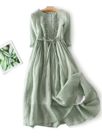 Celinda | Ruffle Placket Linen Womens Pleated Midi Dress with Tie Waist