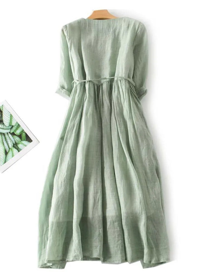 Celinda | Ruffle Placket Linen Womens Pleated Midi Dress with Tie Waist