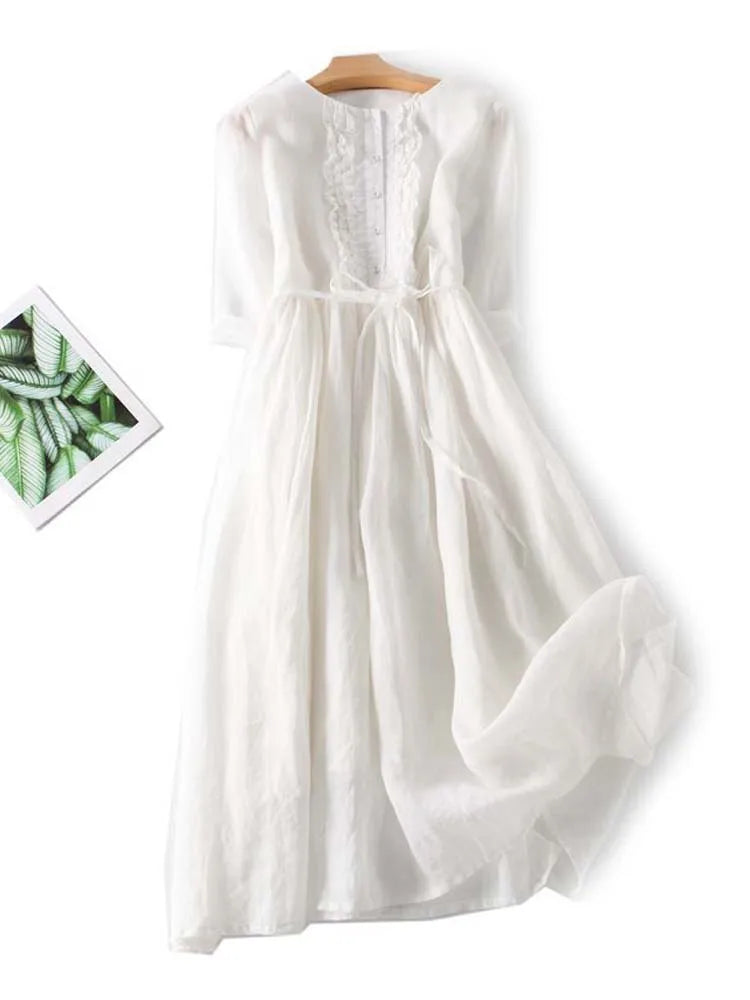 Celinda | Ruffle Placket Linen Womens Pleated Midi Dress with Tie Waist