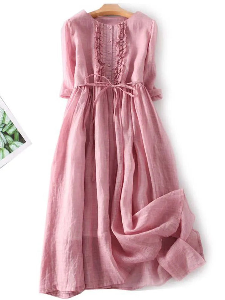Celinda | Ruffle Placket Linen Womens Pleated Midi Dress with Tie Waist