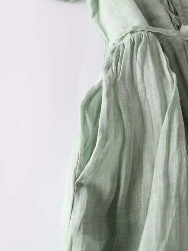Celinda | Ruffle Placket Linen Womens Pleated Midi Dress with Tie Waist