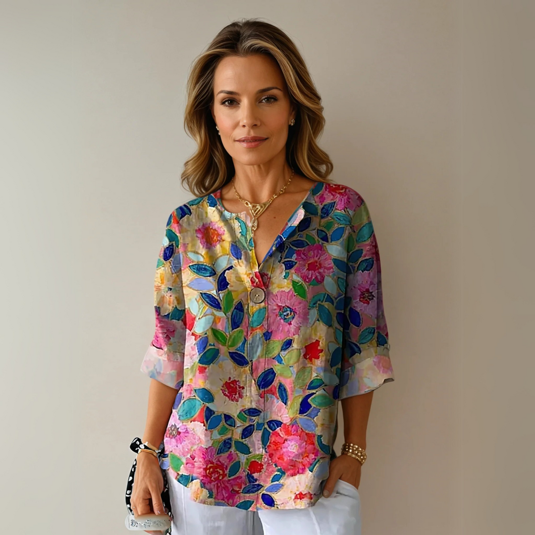 Marguerite | Women's Printed V-Neck Blouse with Mosaic Floral Stained-Glass Design