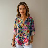 Marguerite | Women's Printed V-Neck Blouse with Mosaic Floral Stained-Glass Design