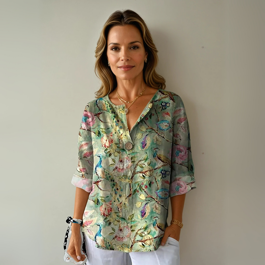Marguerite | Women's Printed V-Neck Blouse with Mosaic Floral Stained-Glass Design