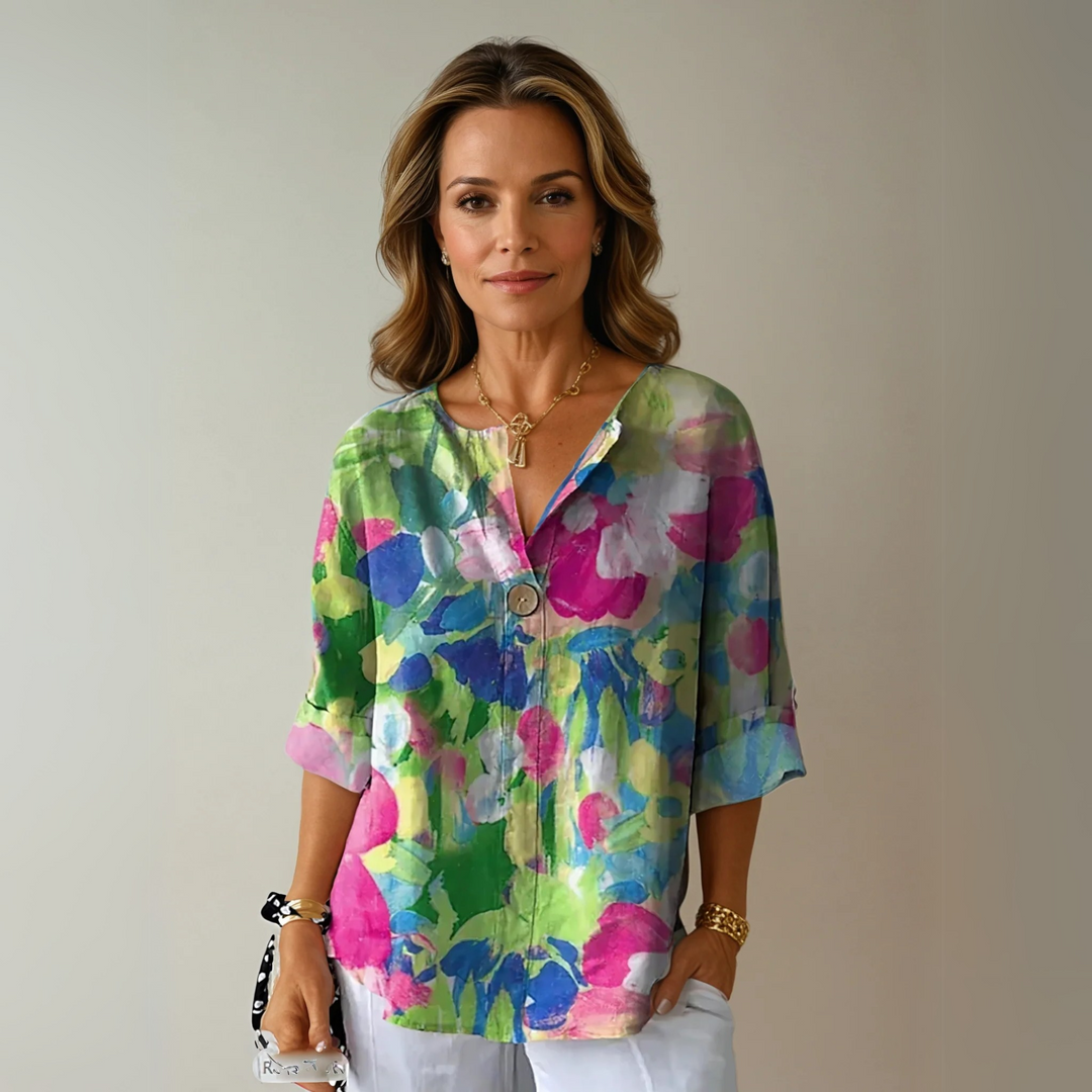 Marguerite | Women's Printed V-Neck Blouse with Mosaic Floral Stained-Glass Design