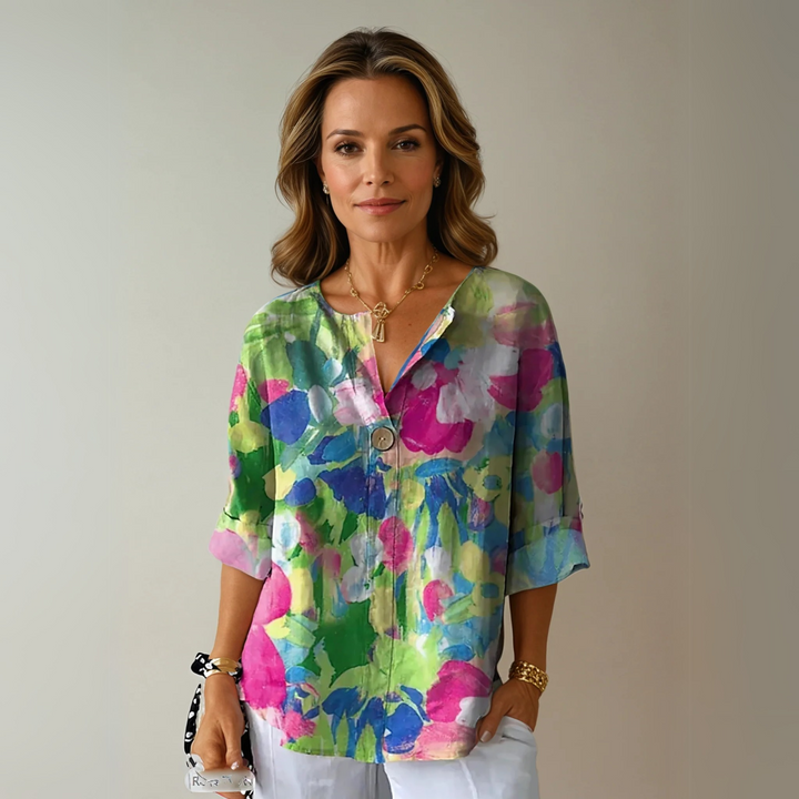 Marguerite | Women's Printed V-Neck Blouse with Mosaic Floral Stained-Glass Design