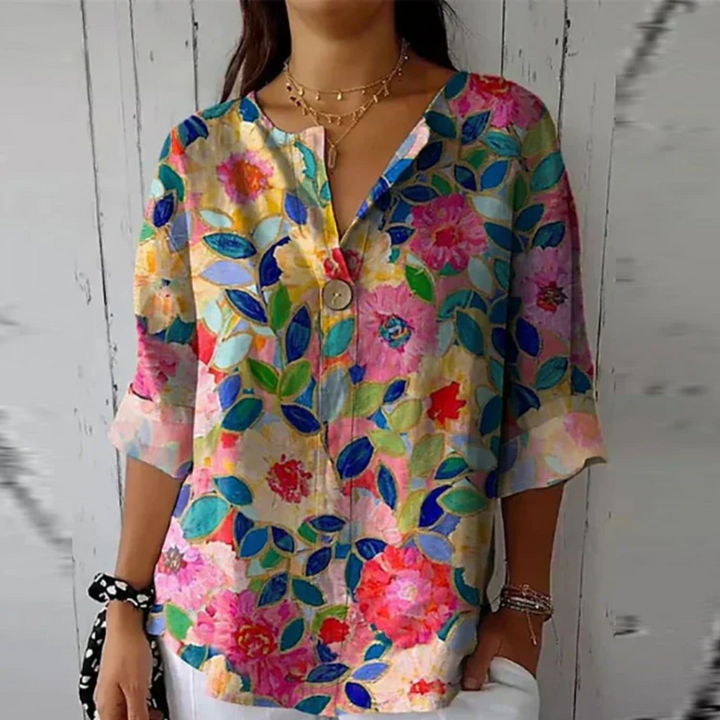 Marguerite | Women's Printed V-Neck Blouse with Mosaic Floral Stained-Glass Design