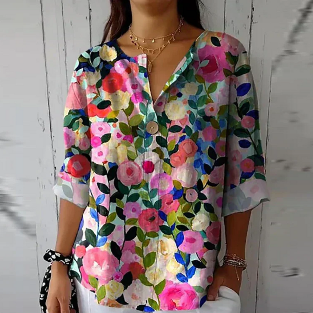Marguerite | Women's Printed V-Neck Blouse with Mosaic Floral Stained-Glass Design