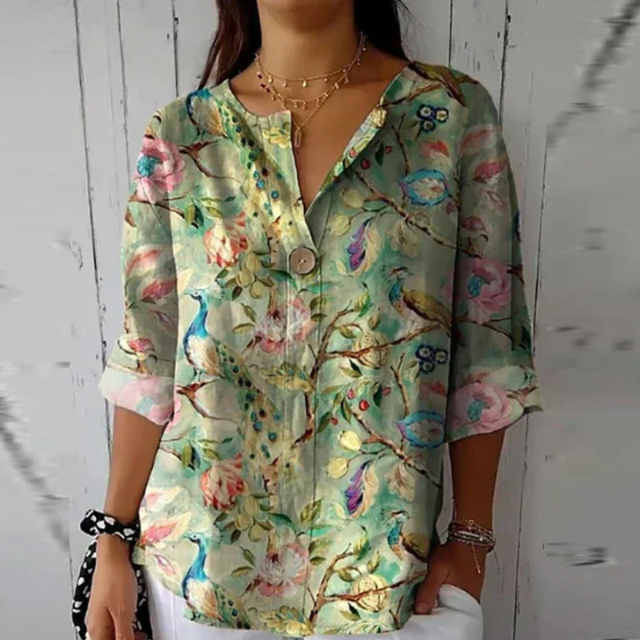 Marguerite | Women's Printed V-Neck Blouse with Mosaic Floral Stained-Glass Design