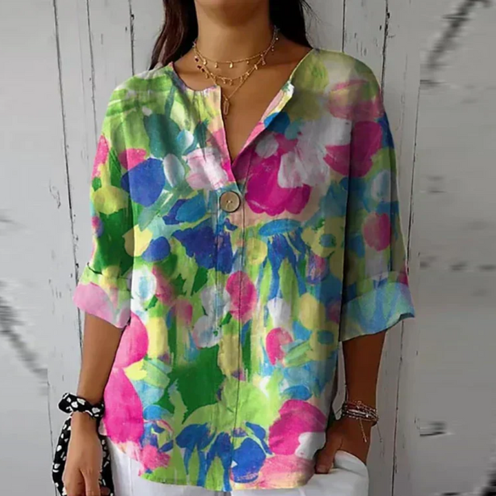 Marguerite | Women's Printed V-Neck Blouse with Mosaic Floral Stained-Glass Design