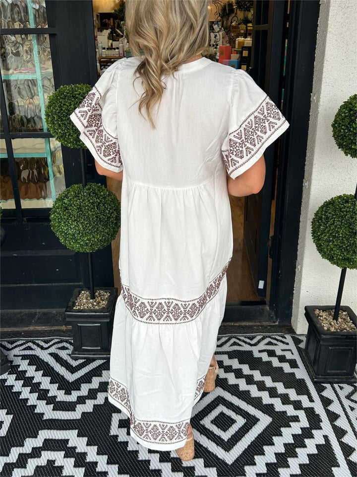 Zara | Geometric Embroidered Tiered Boho Dress with Flutter Sleeves