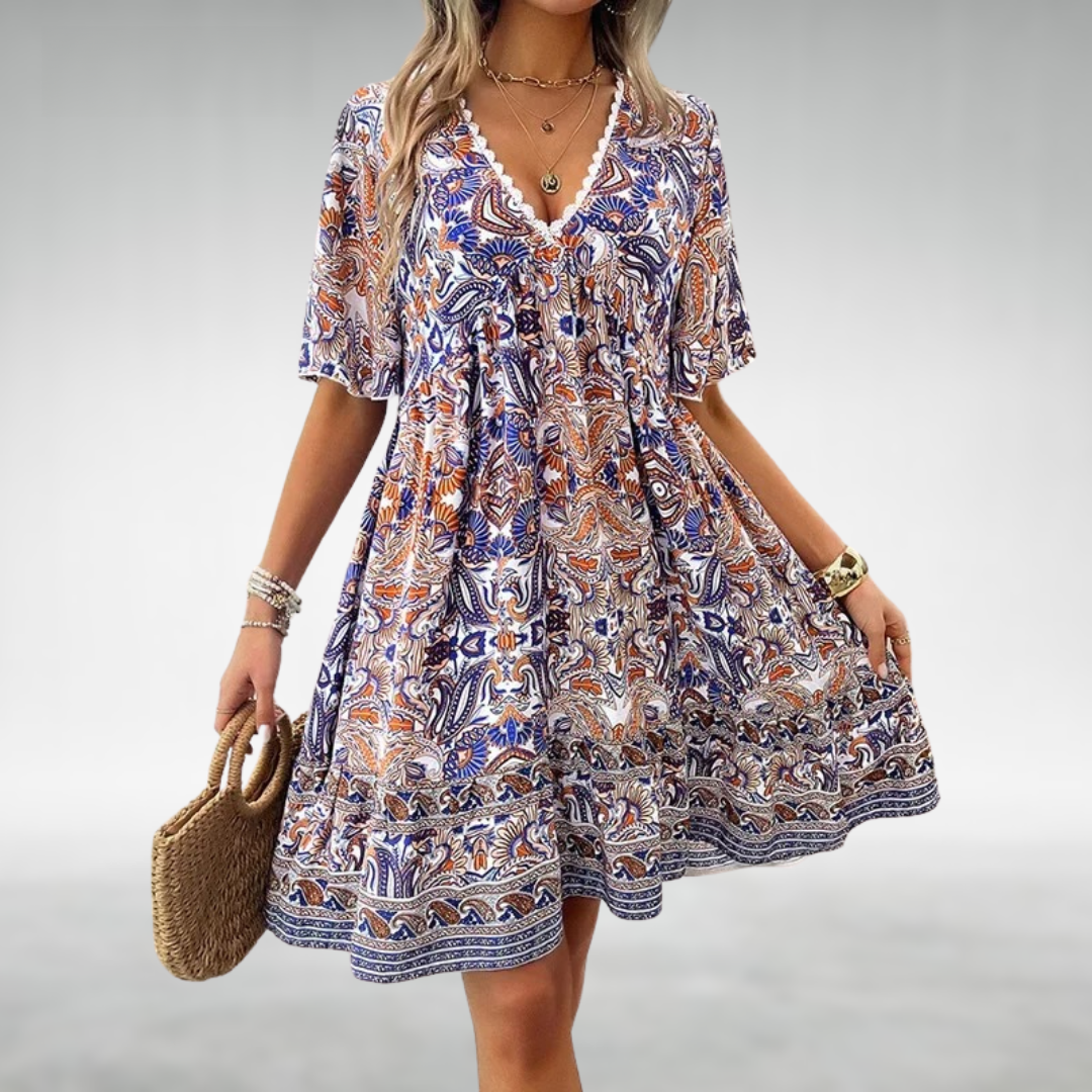 Celaya | Paisley Lace Trim V-Neck Babydoll Boho Dress with Ruffle Hem