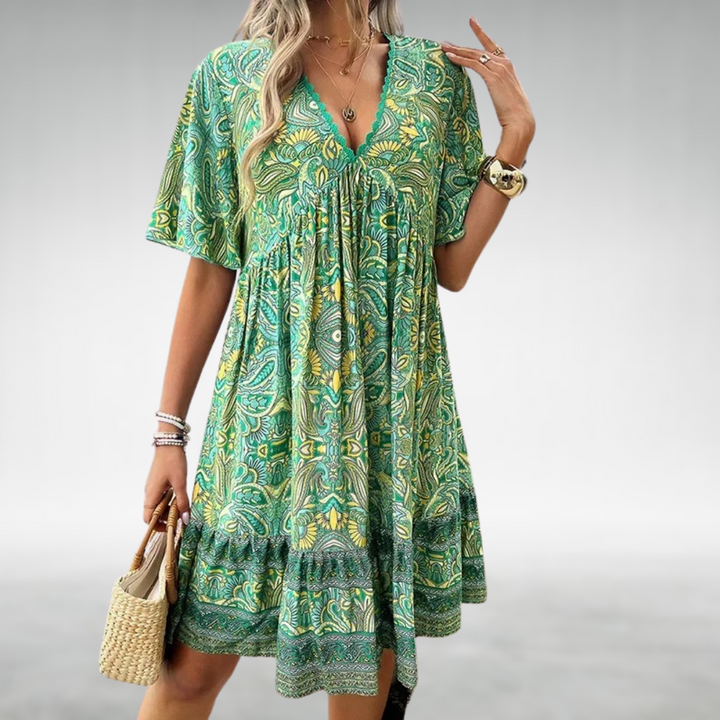 Celaya | Paisley Lace Trim V-Neck Babydoll Boho Dress with Ruffle Hem