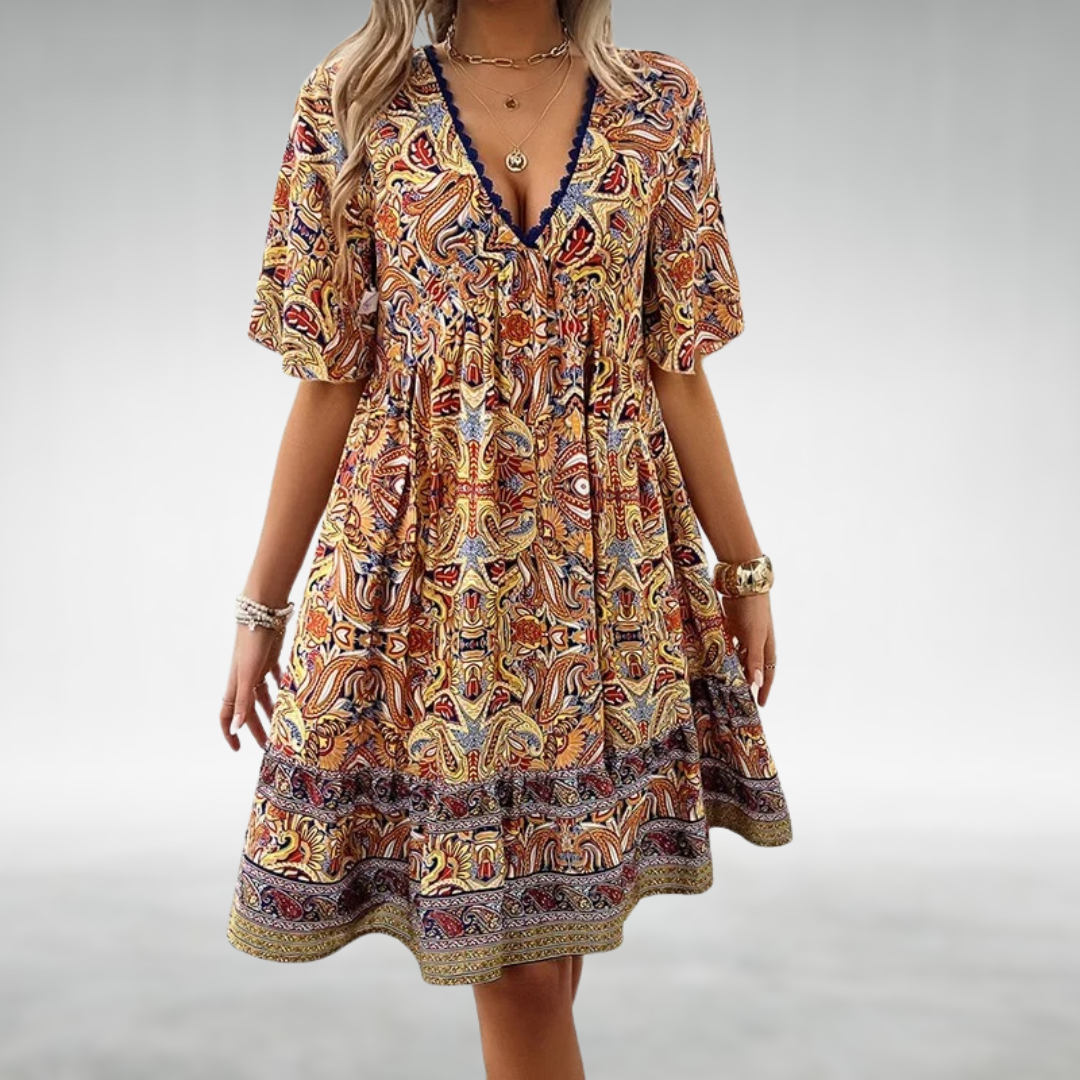 Celaya | Paisley Lace Trim V-Neck Babydoll Boho Dress with Ruffle Hem