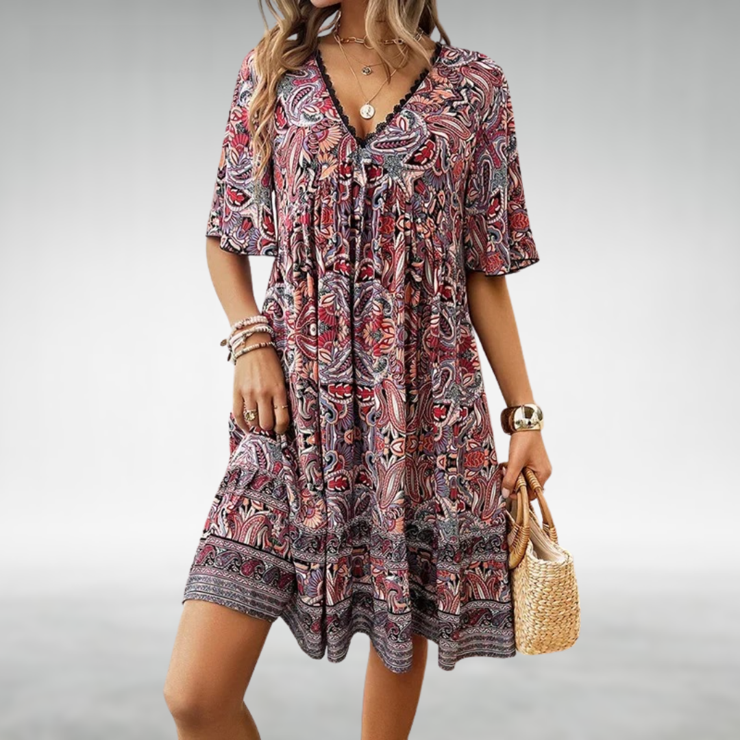 Celaya | Paisley Lace Trim V-Neck Babydoll Boho Dress with Ruffle Hem