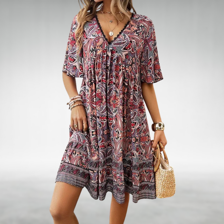 Celaya | Paisley Lace Trim V-Neck Babydoll Boho Dress with Ruffle Hem