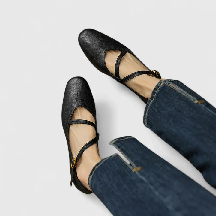 Odette | Textured Mary Jane Orthopedic Flats with Gold Buckle