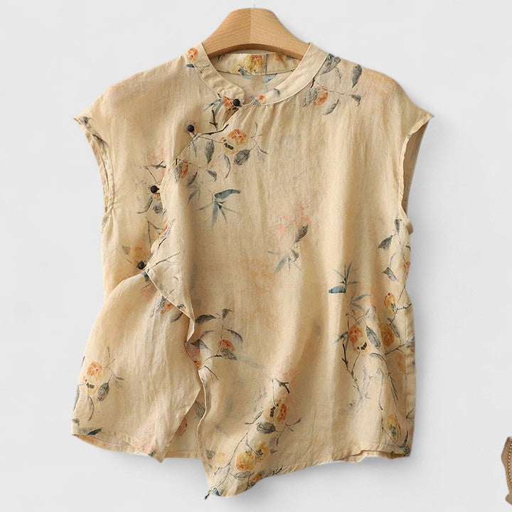 Meilin | Women's Sleeveless Floral Print Linen Blend Top with Asymmetric Ruffle