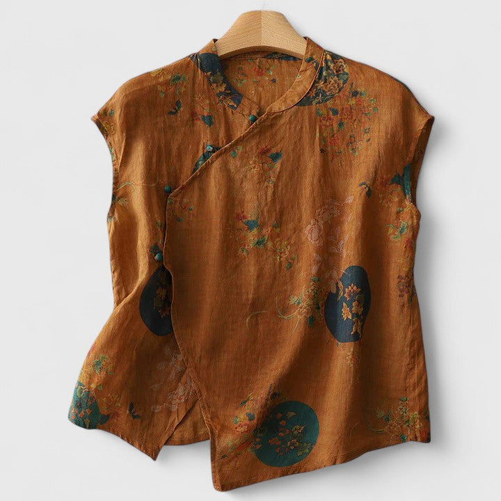 Meilin | Women's Sleeveless Floral Print Linen Blend Top with Asymmetric Ruffle