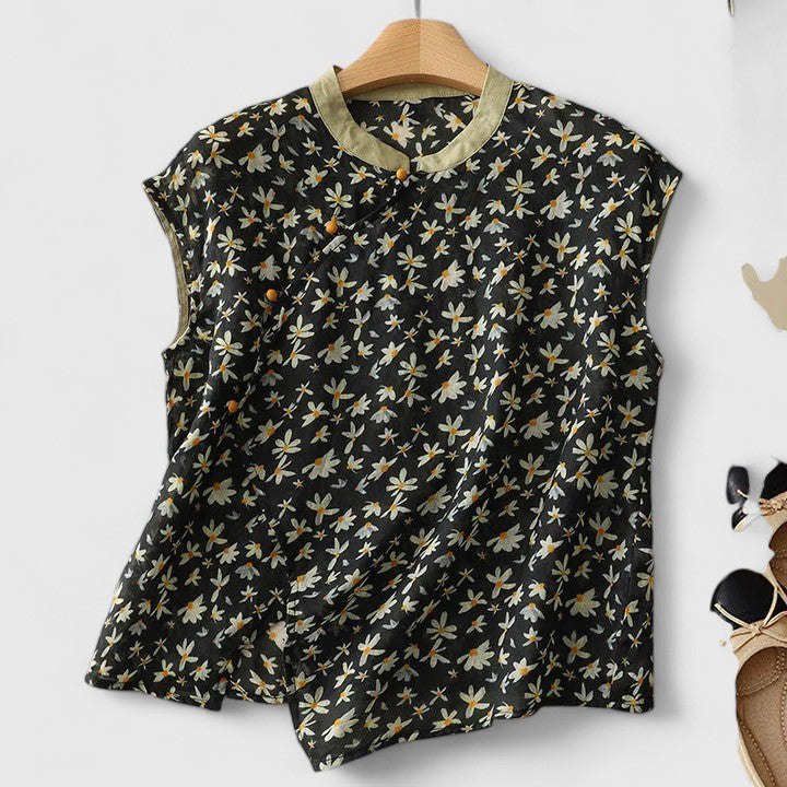 Meilin | Women's Sleeveless Floral Print Linen Blend Top with Asymmetric Ruffle
