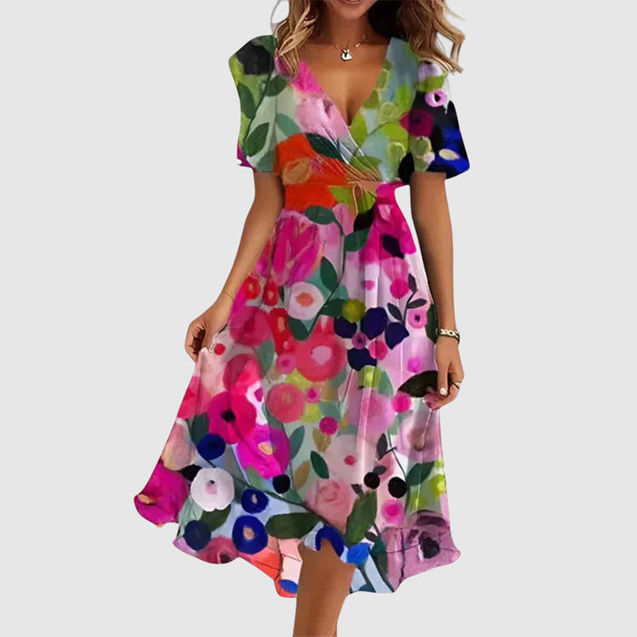Delphine | Ditsy Floral Wrap Womens Pleated Midi Dress with Flutter Sleeves