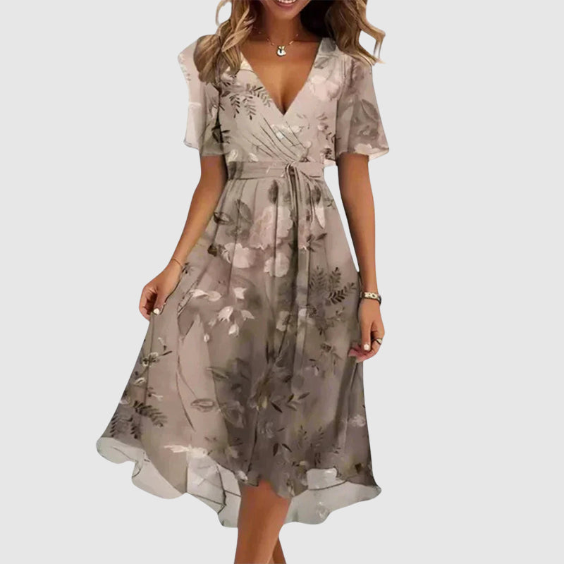 Delphine | Ditsy Floral Wrap Womens Pleated Midi Dress with Flutter Sleeves