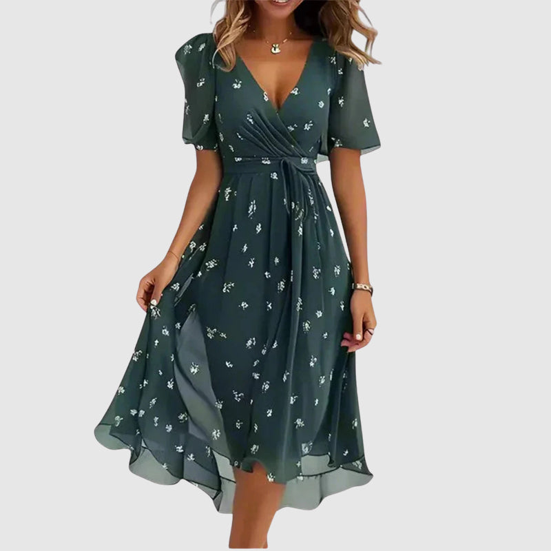 Delphine | Ditsy Floral Wrap Womens Pleated Midi Dress with Flutter Sleeves