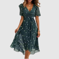 Delphine | Ditsy Floral Wrap Womens Pleated Midi Dress with Flutter Sleeves