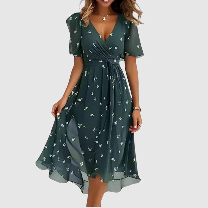 Delphine | Ditsy Floral Wrap Womens Pleated Midi Dress with Flutter Sleeves