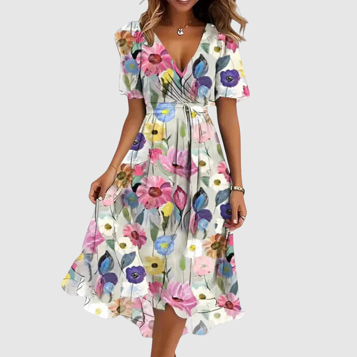 Delphine | Ditsy Floral Wrap Womens Pleated Midi Dress with Flutter Sleeves