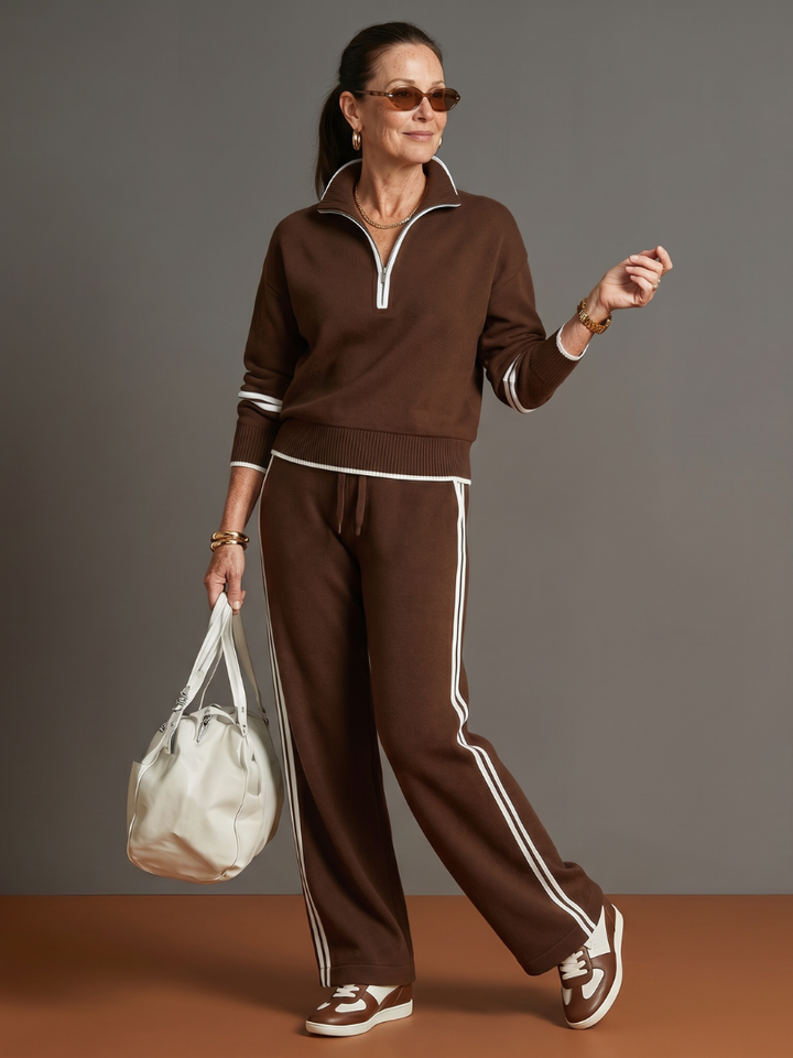 Thea | Women's Zip-Neck Tracksuit – Wide Leg Knit Lounge Set